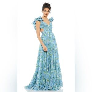 Mac Duggal 🩵 Blue Floral Ruffle Tiered Cut-Out Chiffon Gown – Size 8 NWT